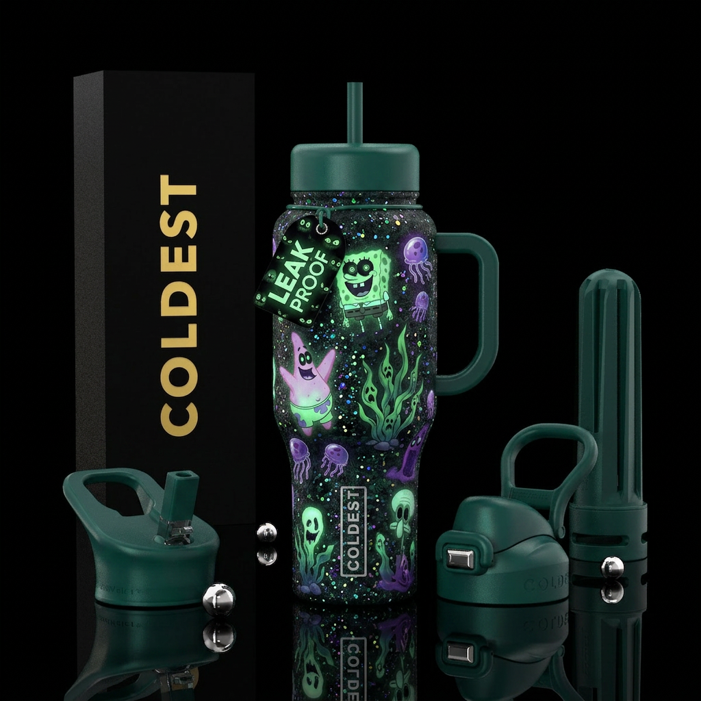 Sponge Bob, scary, glowie, sparkly, haunted water bottle design