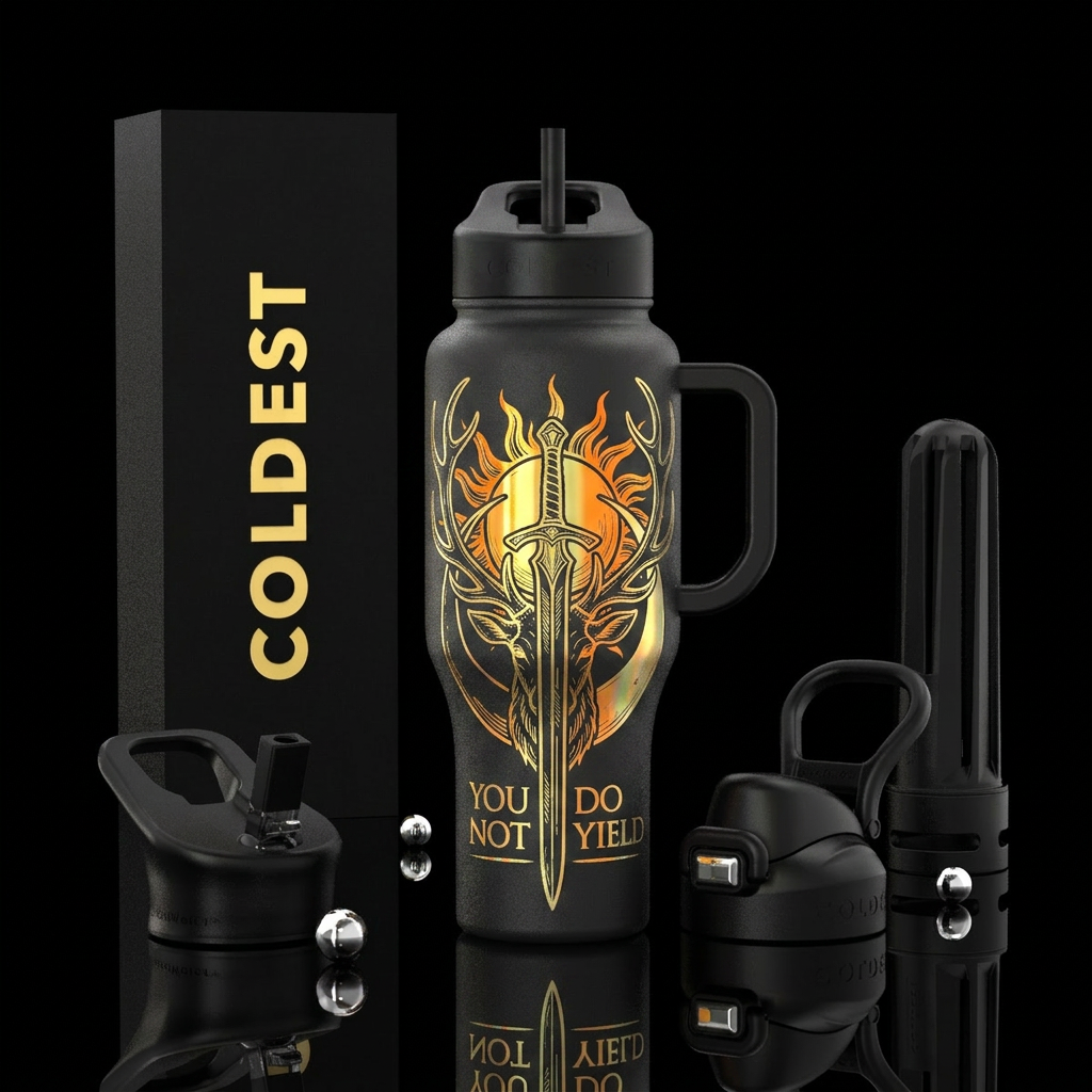 prominent sword centered between massive stag antl... water bottle design
