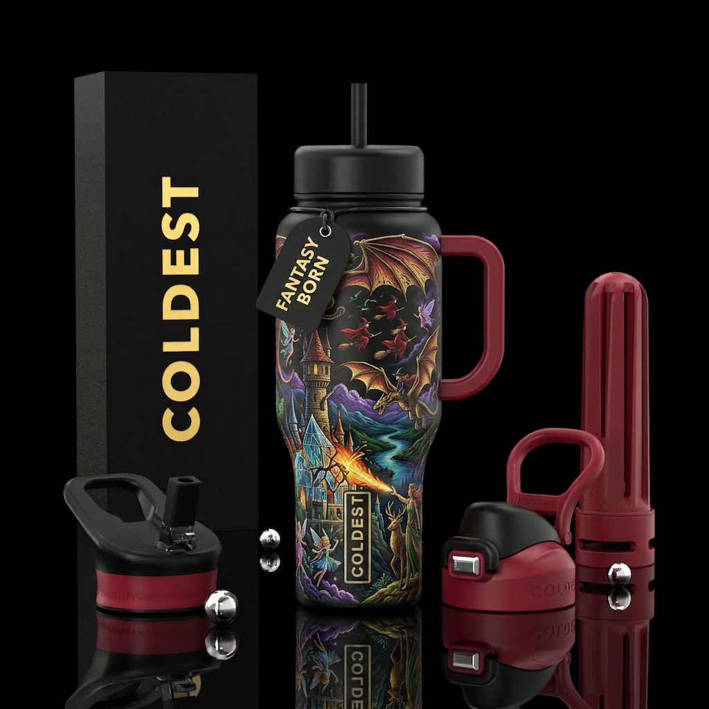 wyvern wings, fae battle, witch tower, red cloak w... water bottle design
