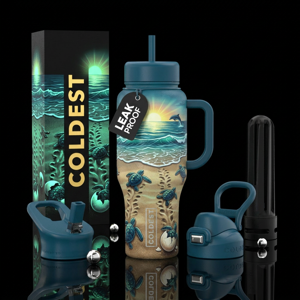 baby turtles, turtles coming out of egg, waves, su... water bottle design
