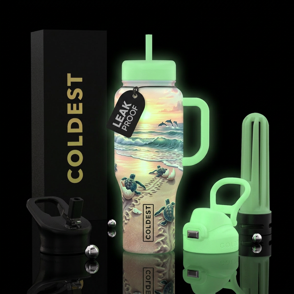 baby turtles, turtles coming out of egg, waves, su... water bottle design