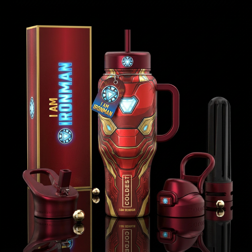 Ironman, arc reactor, "I AM IRONMAN" water bottle design