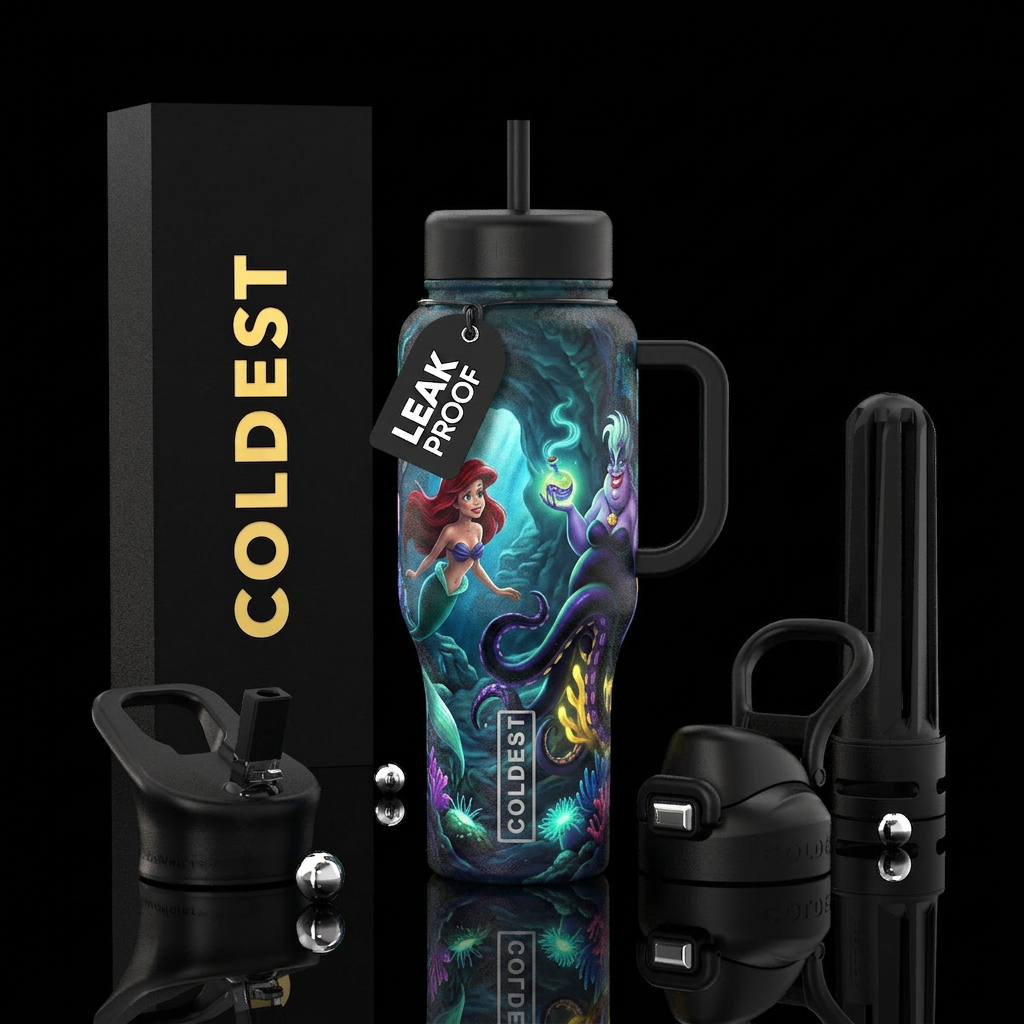 Little mermaid, ursula, Ariel, villain, glowie, un... water bottle design
