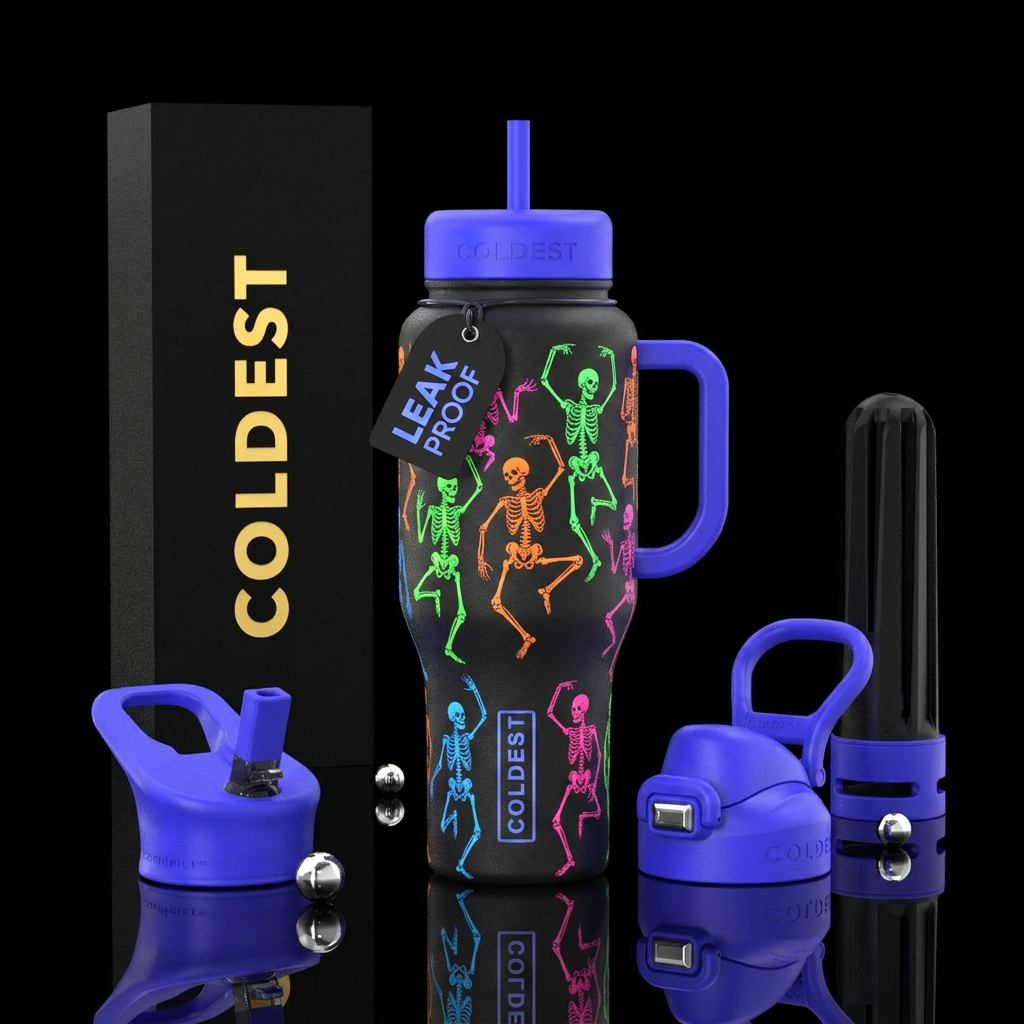Dancing skellingtons, glowie water bottle design