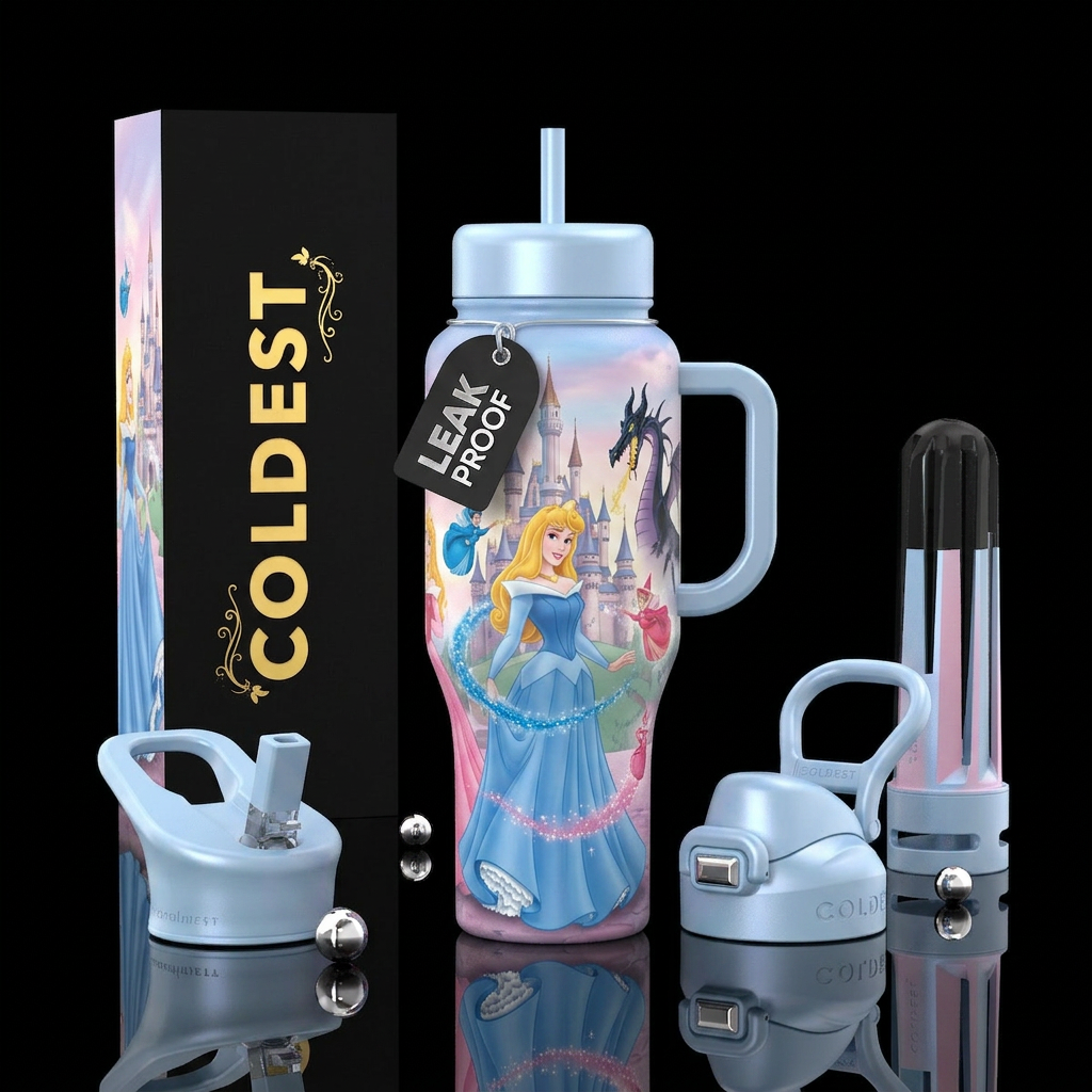 Princess Aurora, baby blue, baby pink, castle back... water bottle design