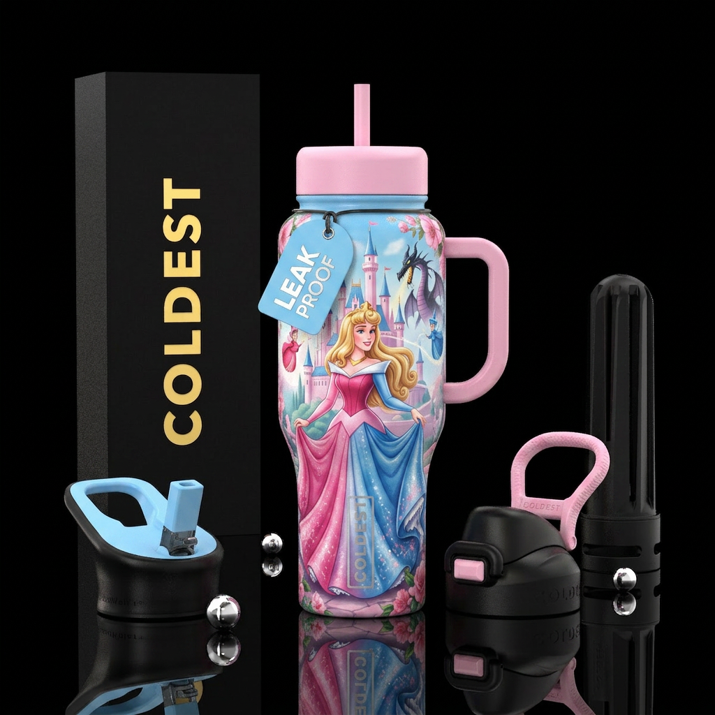 Princess Aurora, baby blue, baby pink, castle back... water bottle design