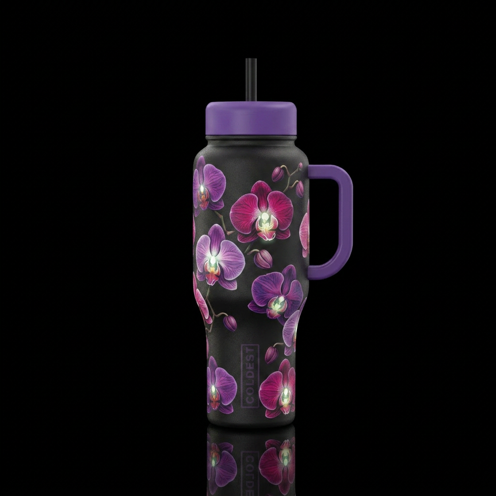 Orchids, glow in the dark pieces within the orchid... water bottle design