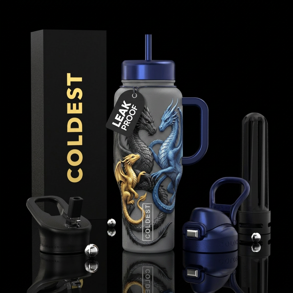 Black dragon (male), blue dragon (female), baby go... water bottle design
