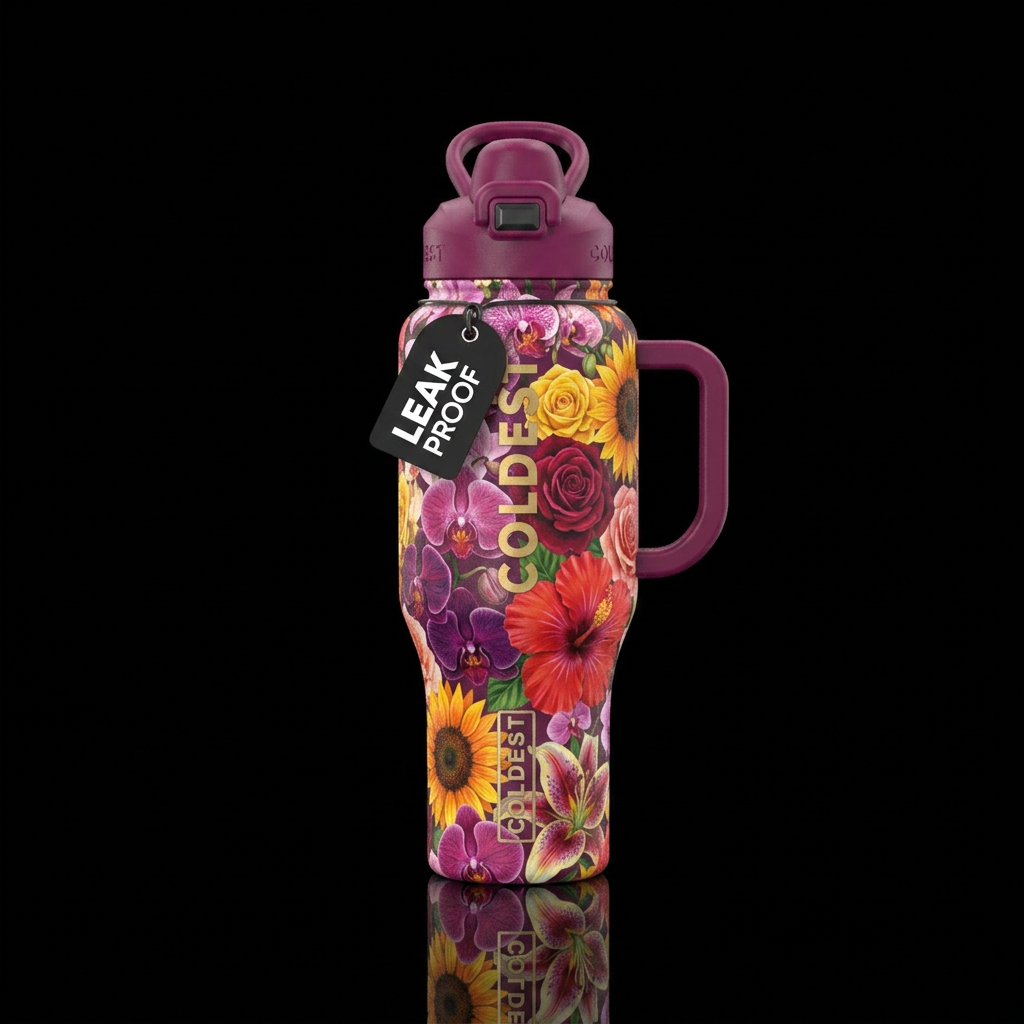 Orchids, roses, sunflowers, dinner plate hibiscus,... water bottle design