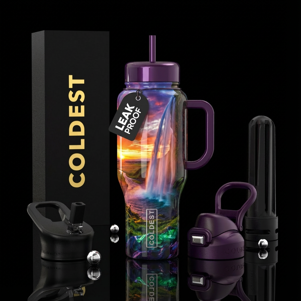 Waterfall, sunset, relaxing, luxurious, realism, g... water bottle design