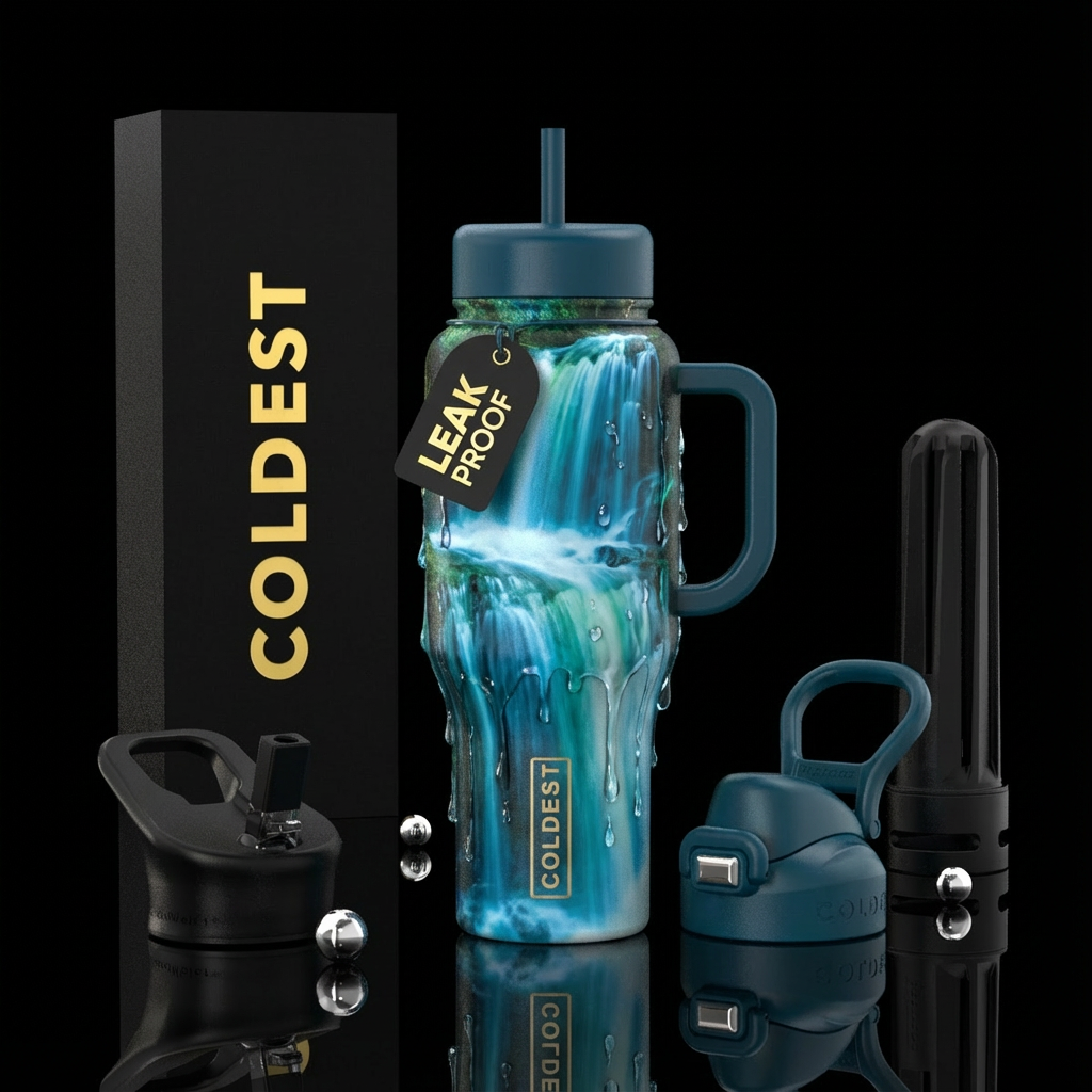 Waterfall, luxurious, realism, water dripping water bottle design
