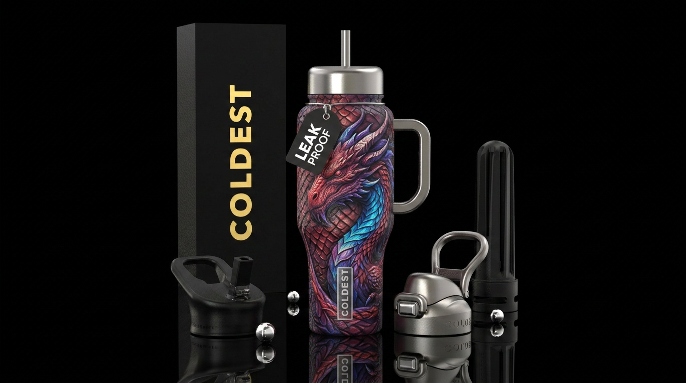 Realistic dragon, red, purple, blue water bottle design