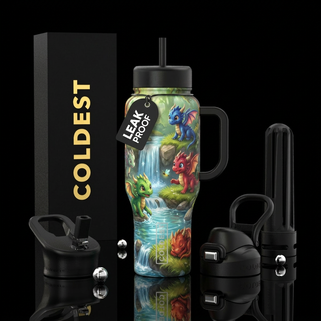 Cute baby dragons playing by waterfall in a grassy... water bottle design