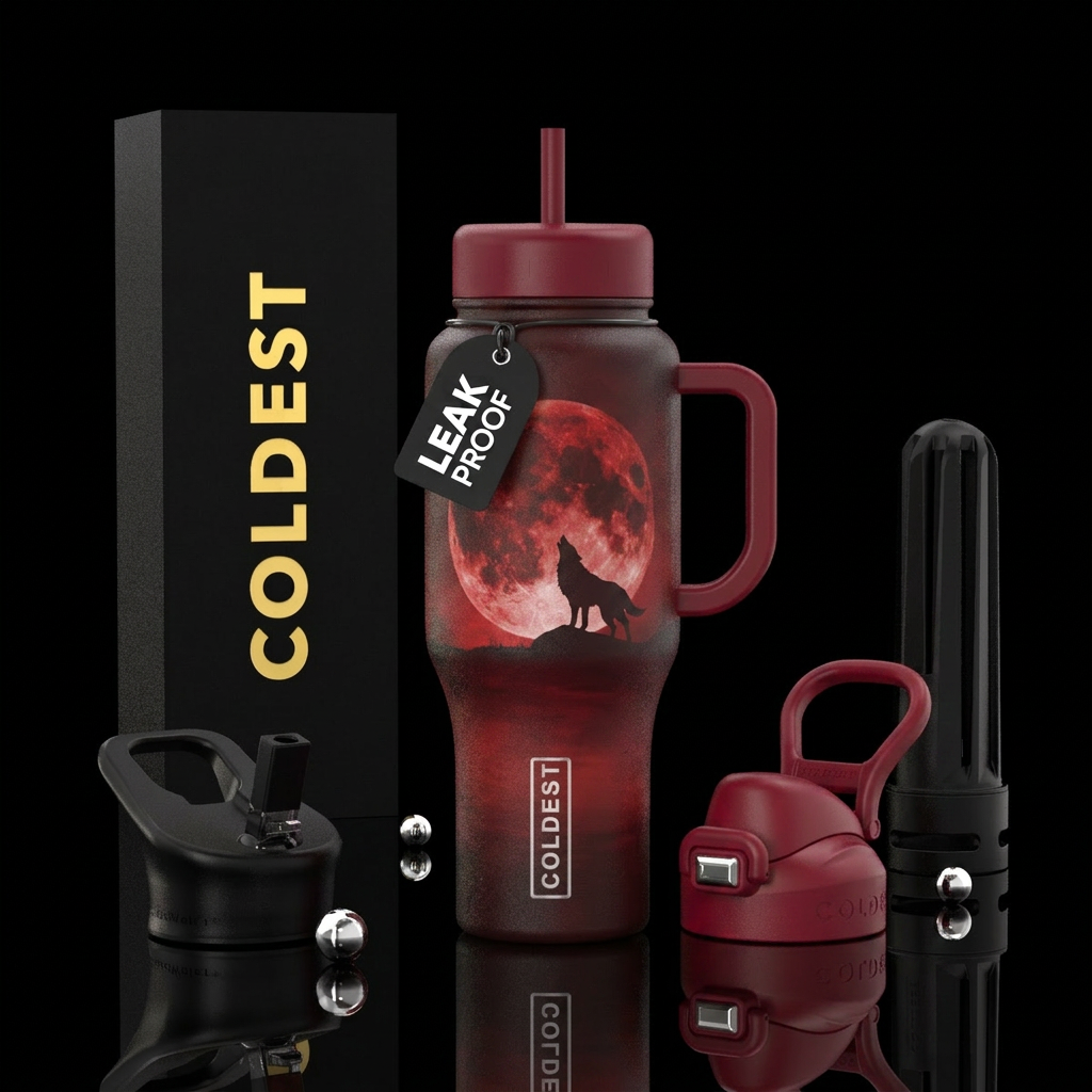 Blood moon with a wolf howling up at it water bottle design
