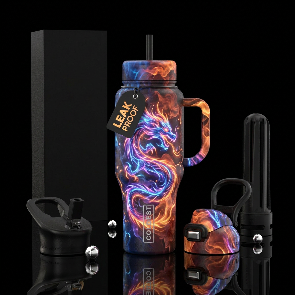 Electric dragon glowie, firery, smoke, whimsical water bottle design
