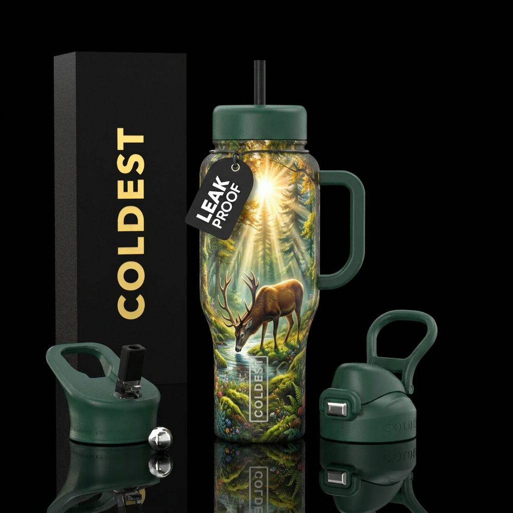 Forest with deer and the sun coming through the tr... water bottle design