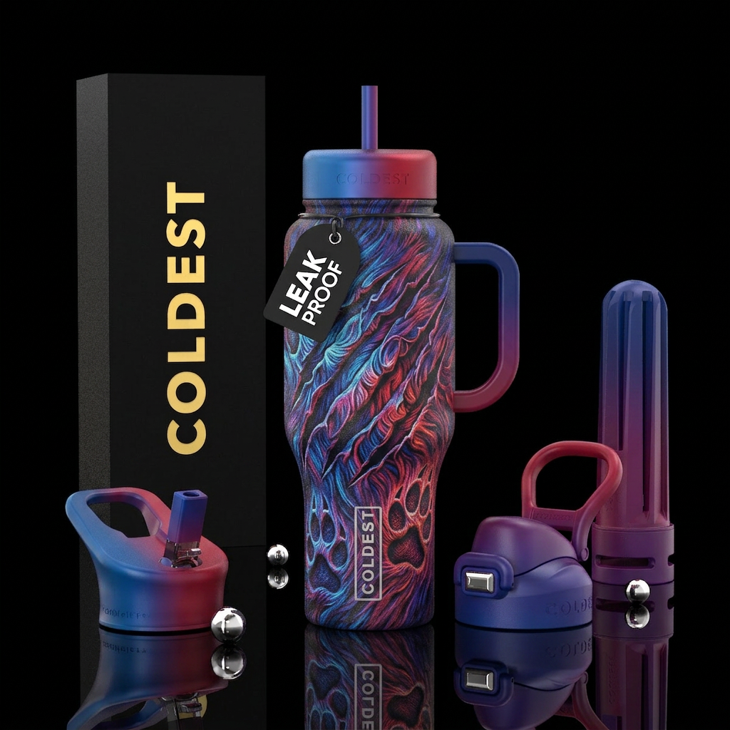 Wolf claw marks with paw prints surrounding it, bl... water bottle design