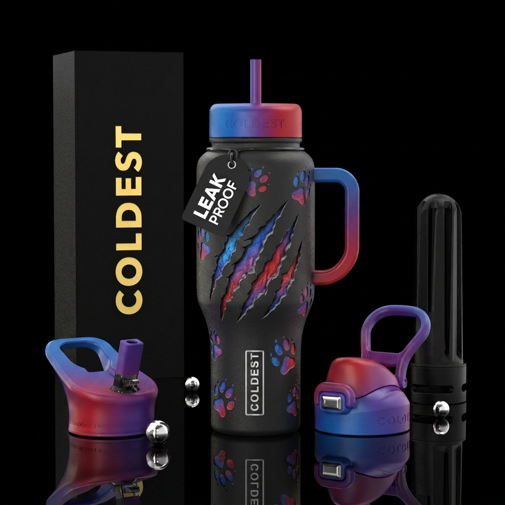 Wolf claw marks with paw prints surrounding it, bl... water bottle design