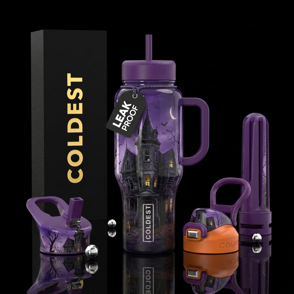 Realistic haunted house water bottle design
