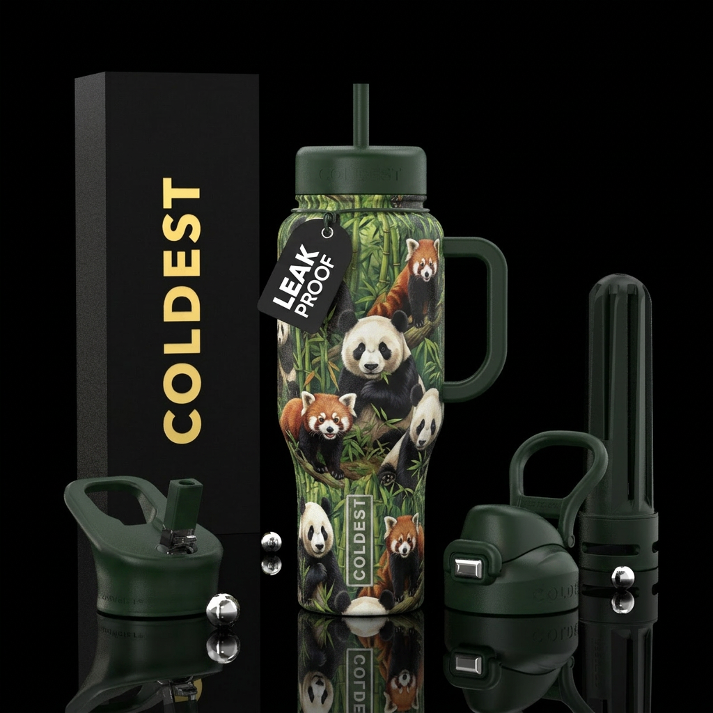 Realistic pandas water bottle design