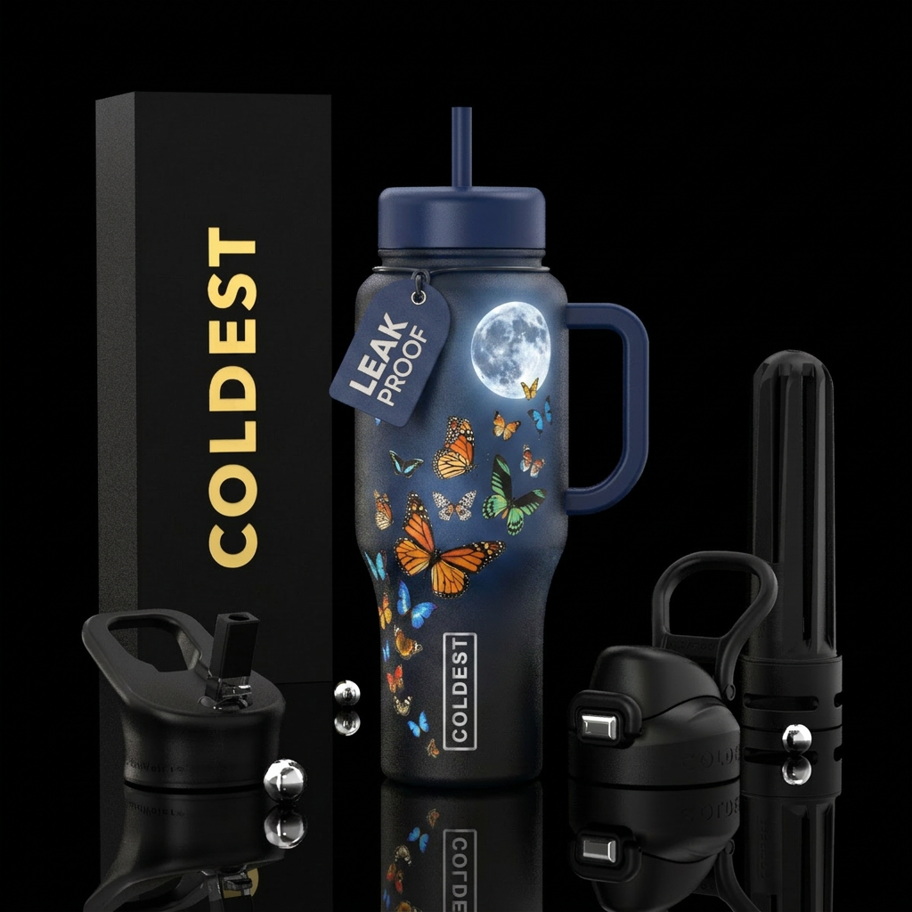 Butterflies going towards a full moon realistic water bottle design