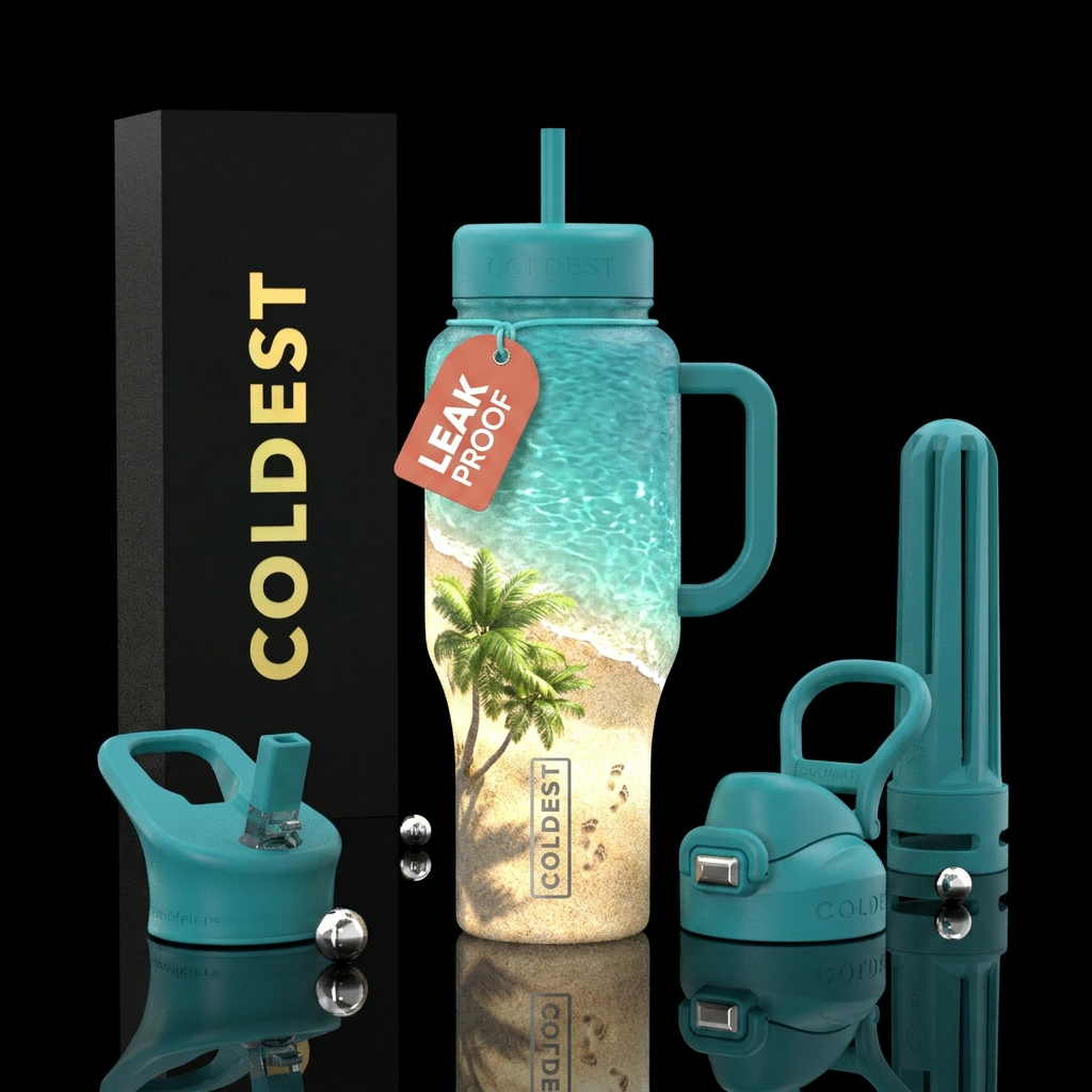 Realistic illuminated beach water bottle design