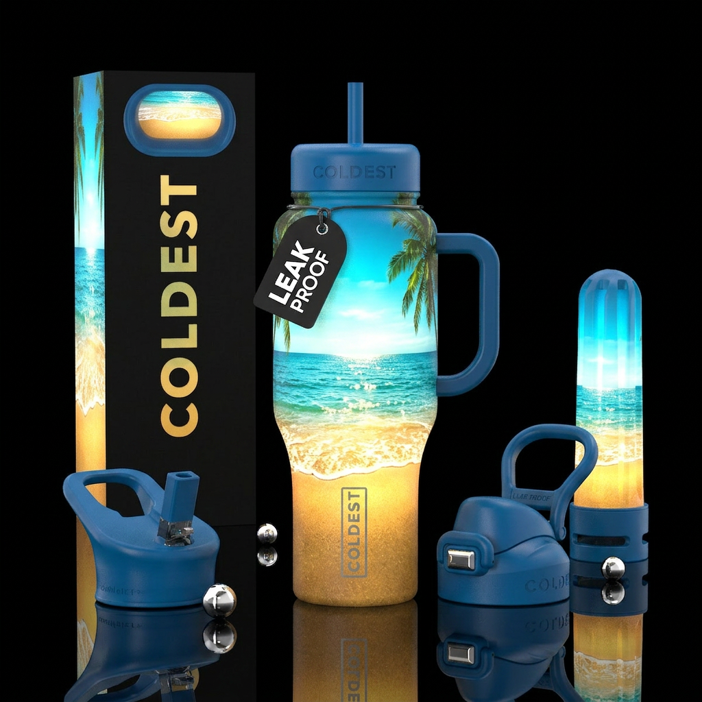 Realistic illuminated beach water bottle design