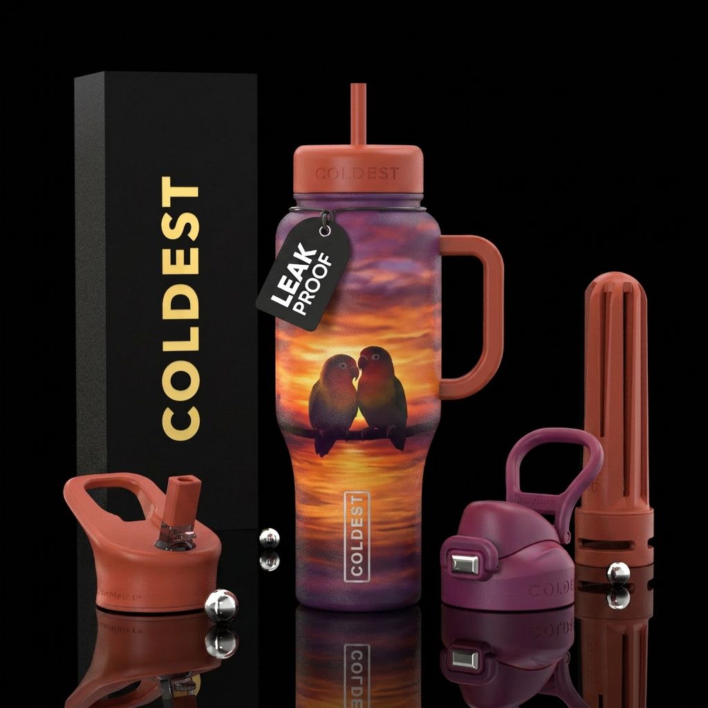 Sunset love birds water bottle design