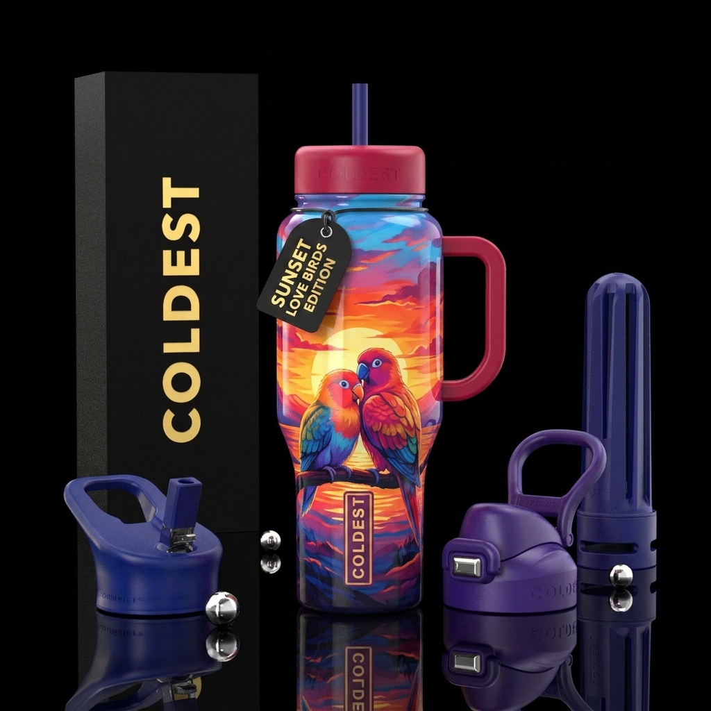 Sunset love birds water bottle design
