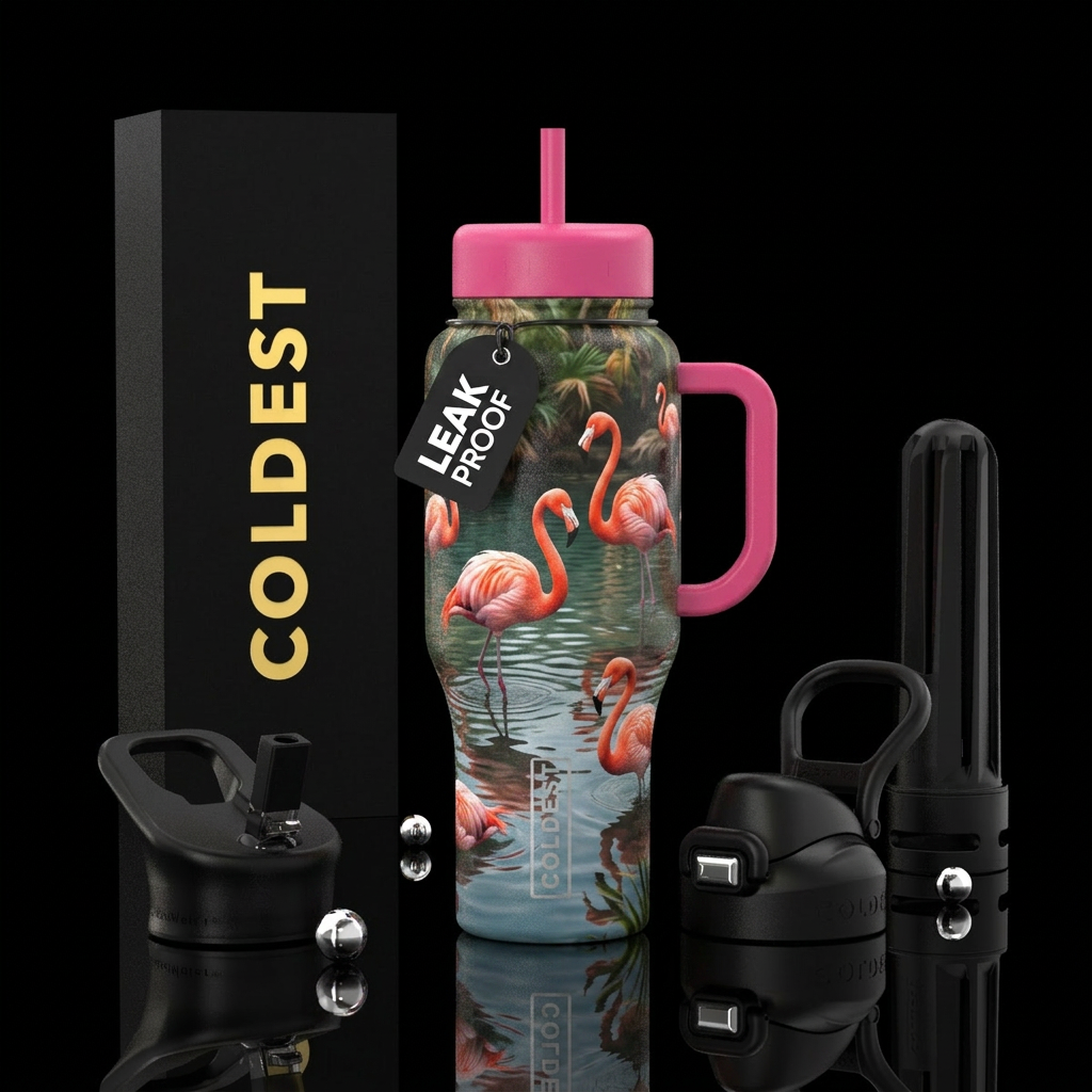 Realistic flamingos by water water bottle design
