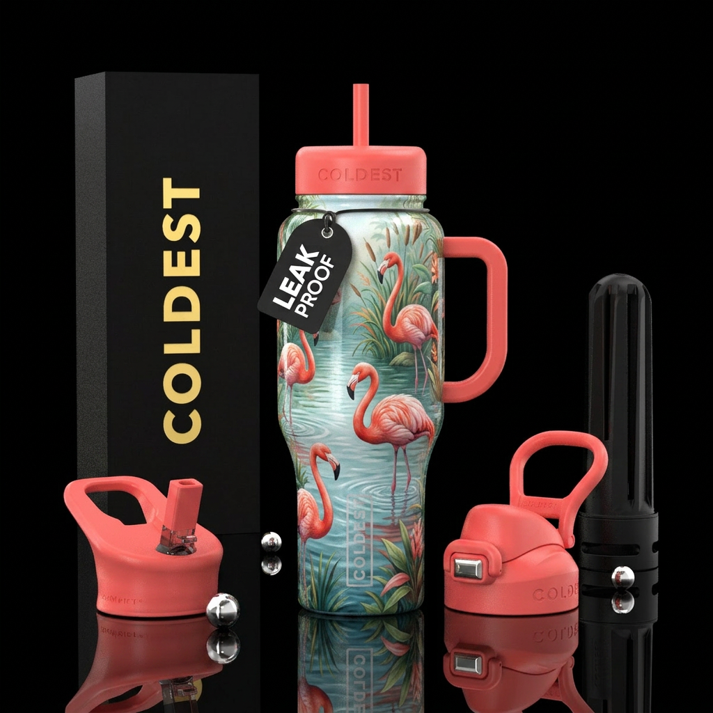 Realistic flamingos by water water bottle design
