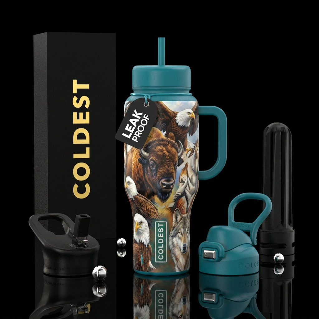 Realistic native american animals water bottle design