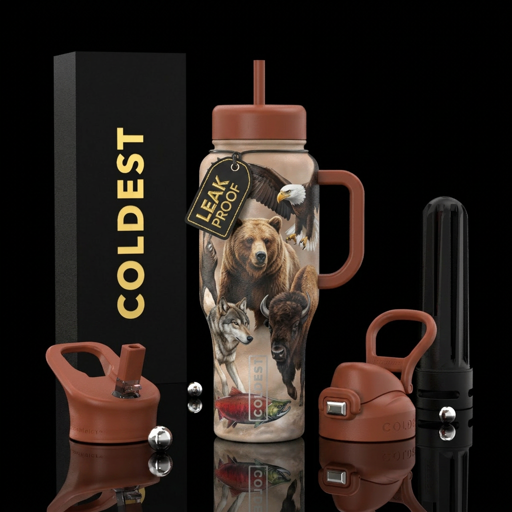 Realistic native american animals water bottle design