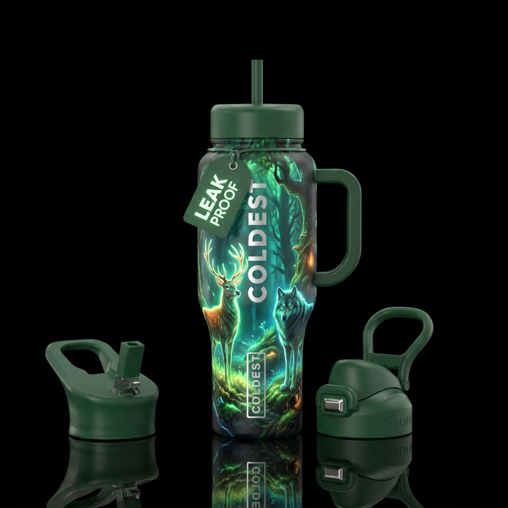 Realistic glowie deer, wolf, forest water bottle design