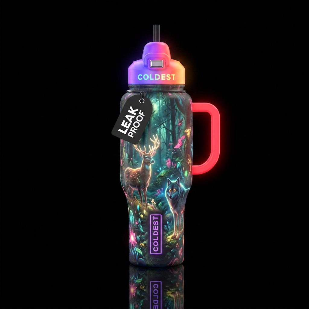 Realistic glowie deer, wolf, forest water bottle design