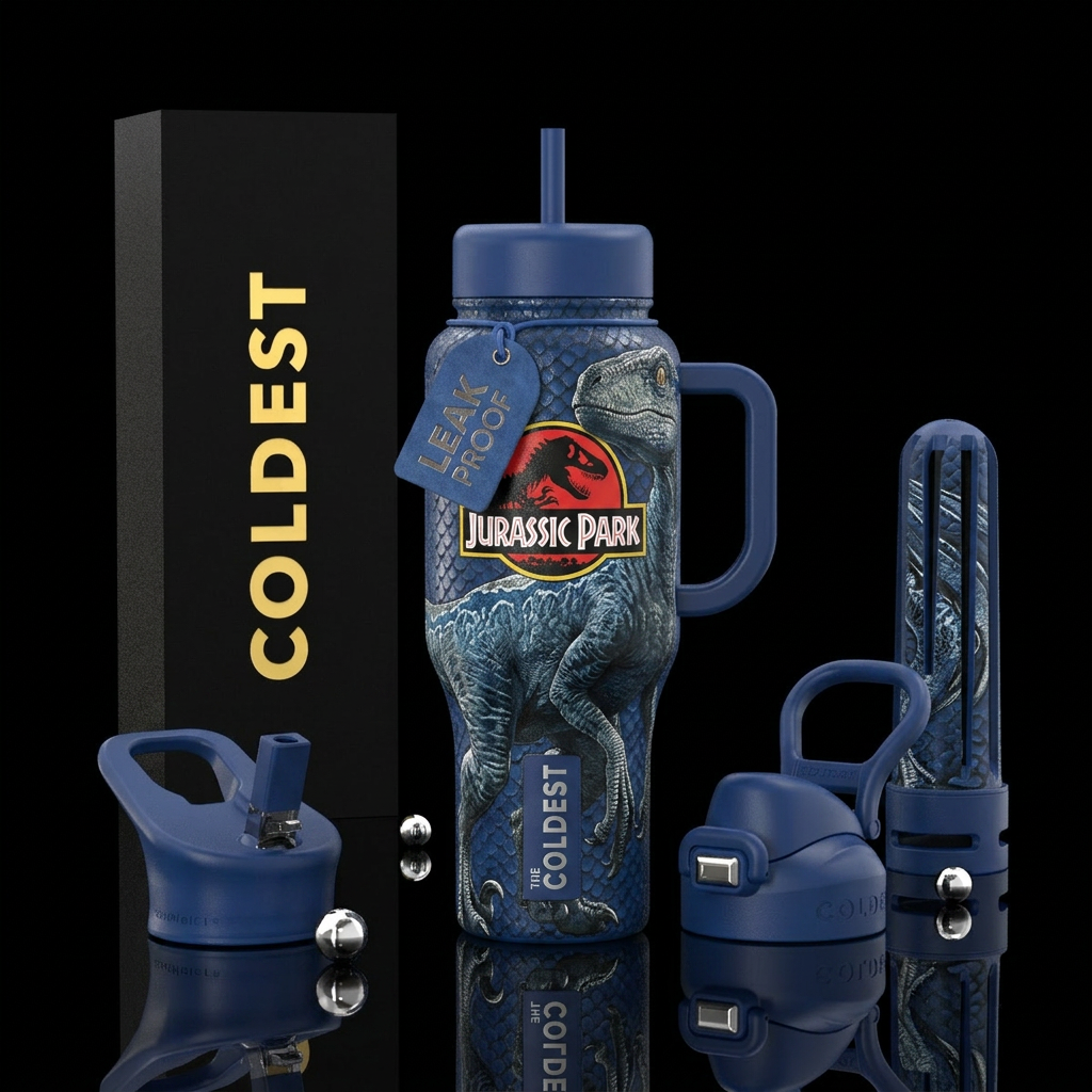 Jurassic Park, blue velociraptor water bottle design
