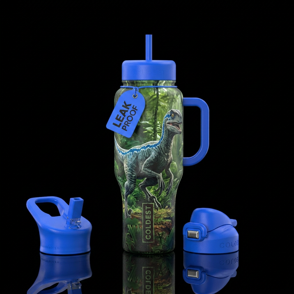 Jurassic Park, blue velociraptor water bottle design