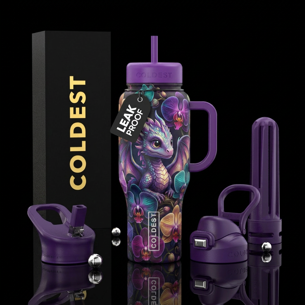 Baby dragon with orchids water bottle design