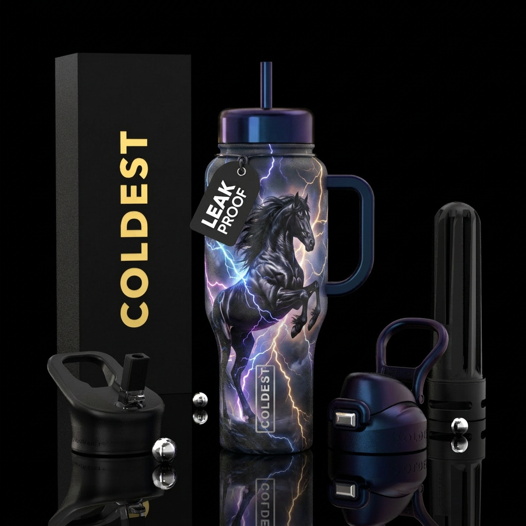 Big black stallion rearing with lightning water bottle design