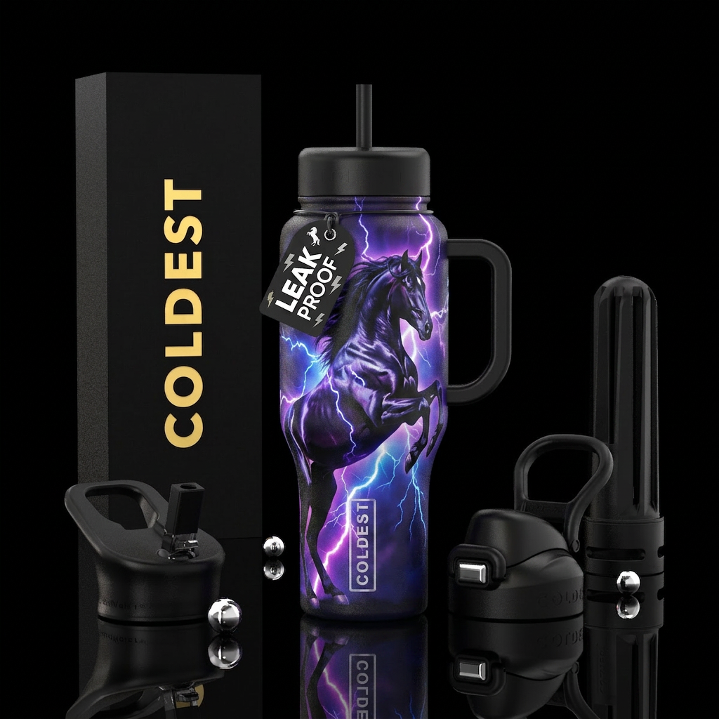 Big black stallion rearing with lightning water bottle design
