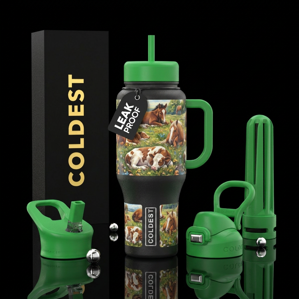 Sleeping baby cows and horses in a field water bottle design