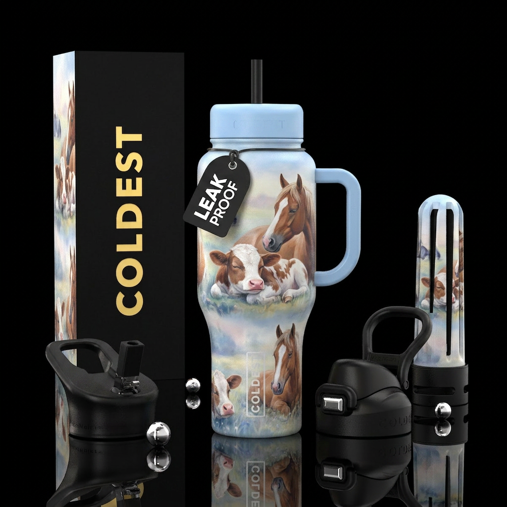 Sleeping baby cows and horses in a field water bottle design