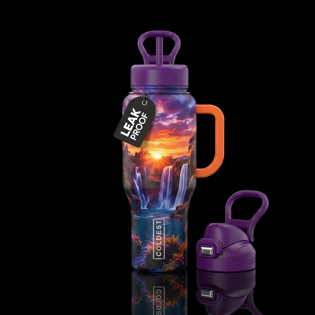 Sunset desires with waterfalls water bottle design