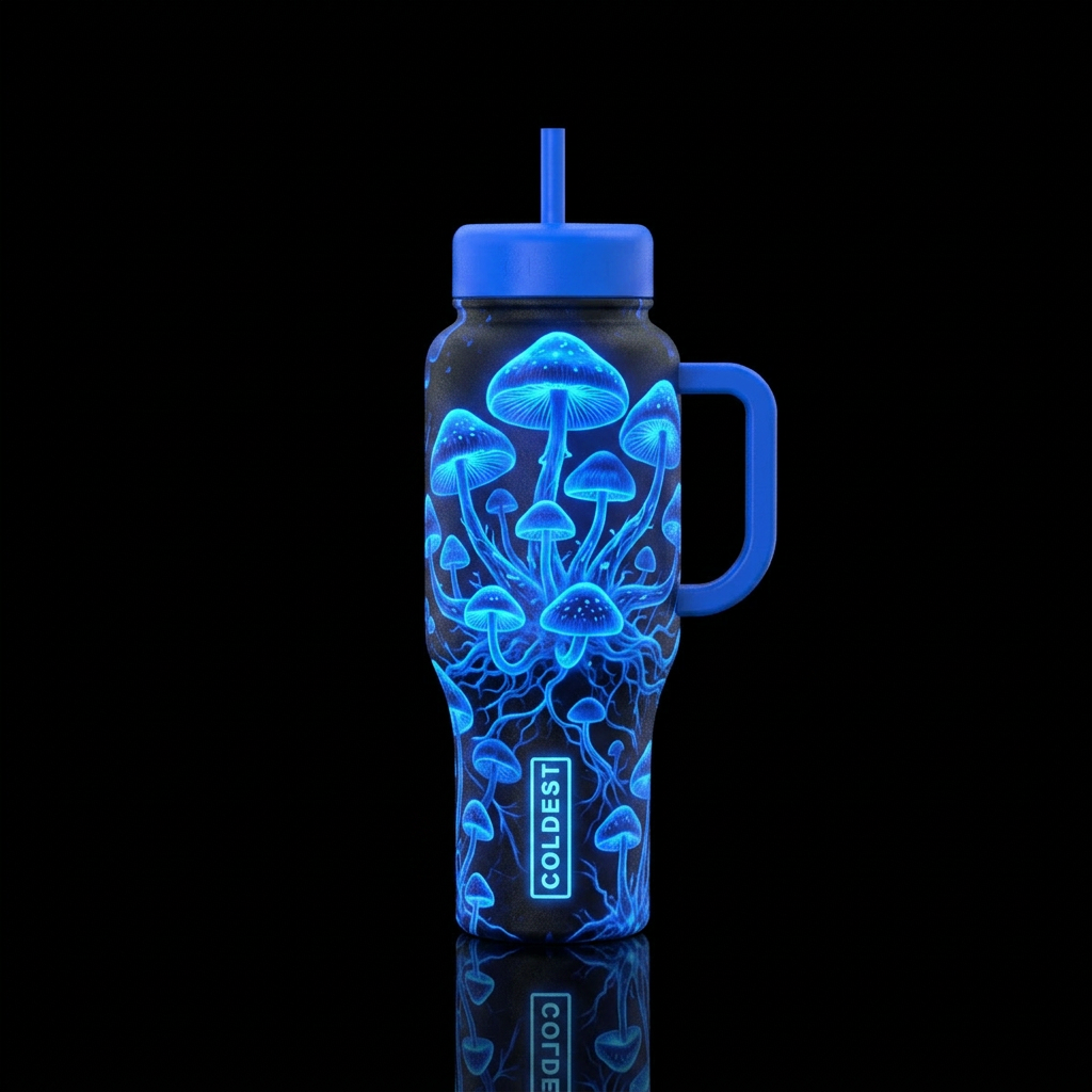 Glowie blue mushrooms water bottle design