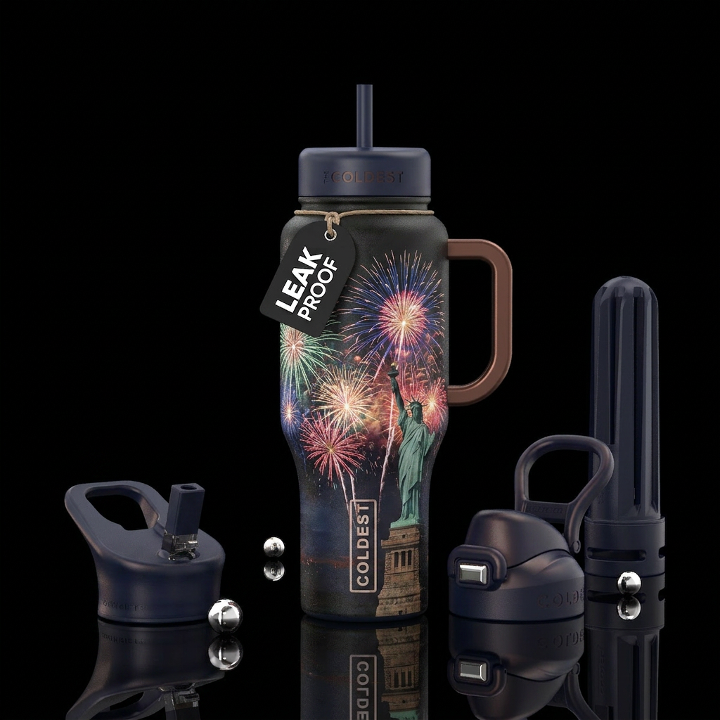 Realistic fireworks over statue of liberty water bottle design