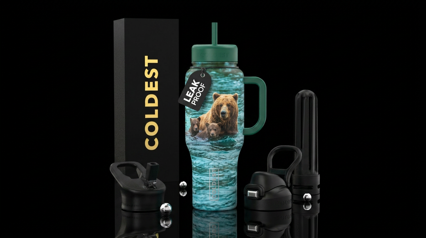 Mama bear with cubs in the water water bottle design