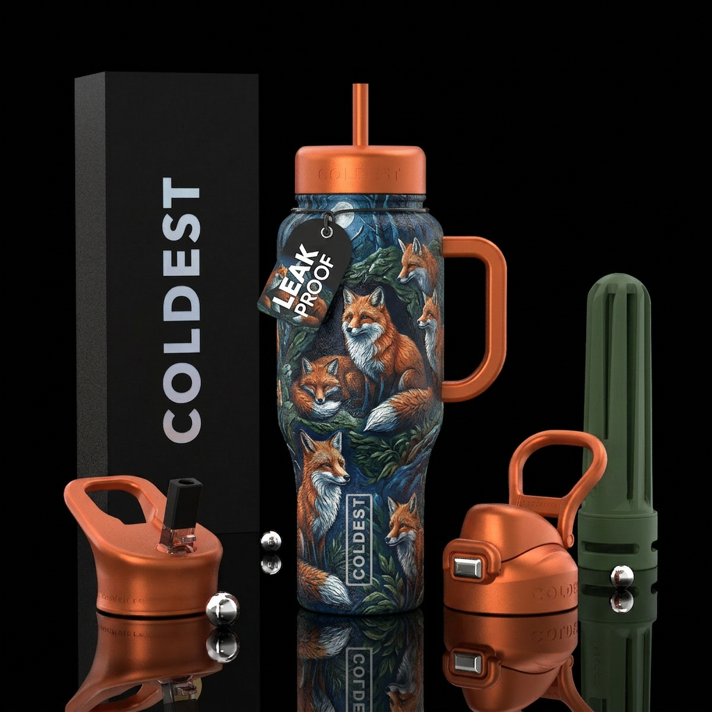 Moonlit foxes by den water bottle design