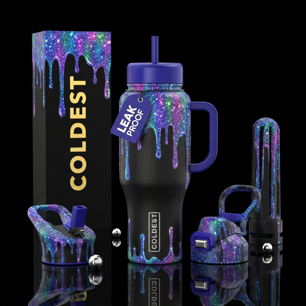 dripping, mesmerizing, sparkly water bottle design