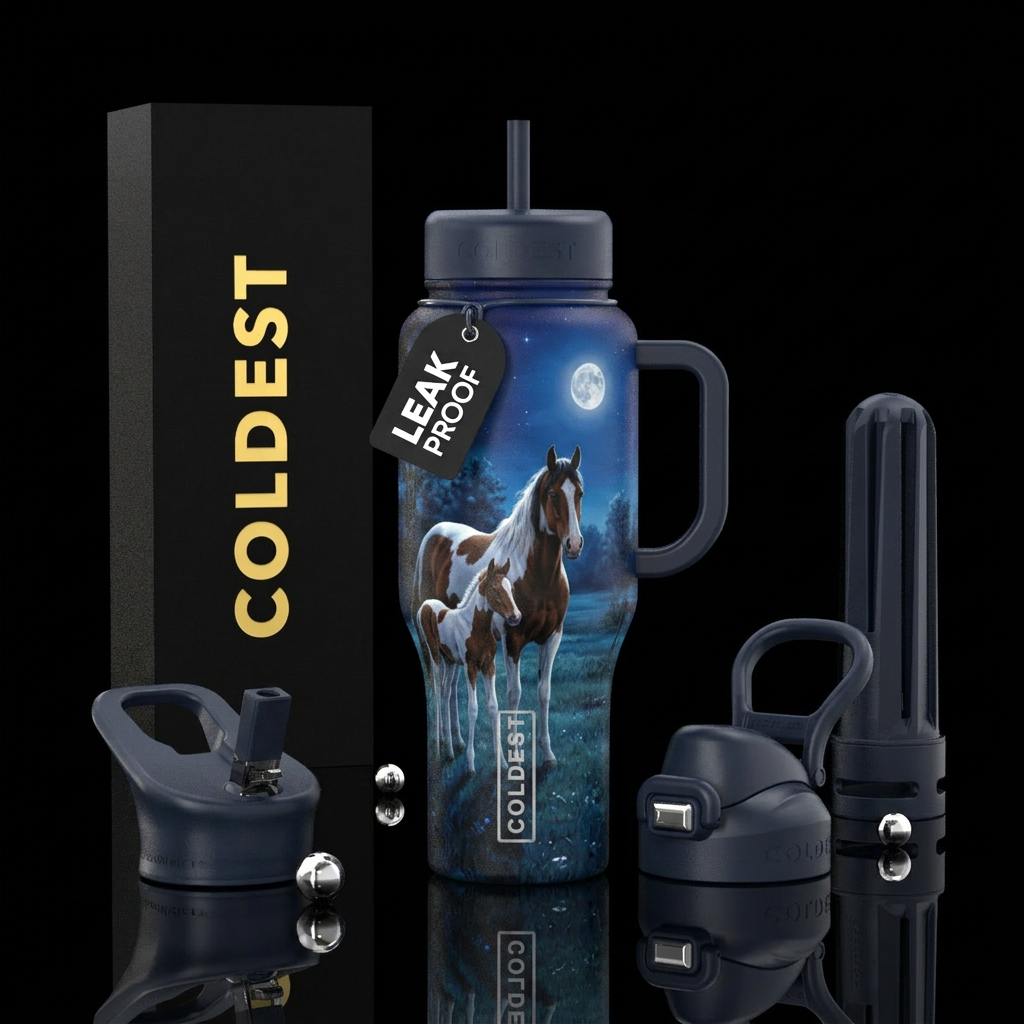 Realistic tricolor horse and foal in a moonlit fie... water bottle design