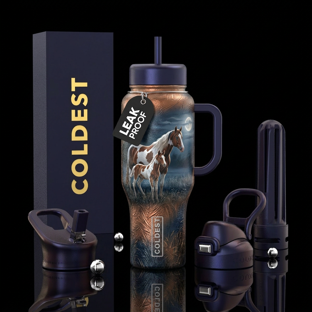 Realistic tricolor horse and foal in a moonlit fie... water bottle design